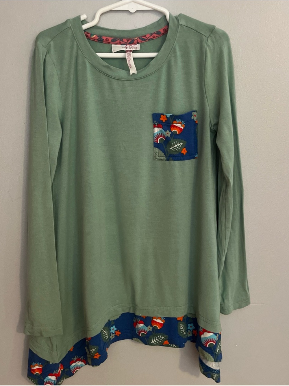 Matilda Jane Mint Green Long-Sleeve Top with Blue Floral Pocket and Hem